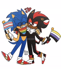 Size: 1668x1940 | Tagged: safe, artist:frankenfreakie, shadow the hedgehog, sonic the hedgehog, 2020, alternate outfit, arm around shoulders, bandana, binder, flag, gay, gay pride, heart, holding something, nonbinary, nonbinary pride, pride, pride flag, shadow x sonic, shipping, signature, simple background, smile, traditional media, trans male, trans pride, transgender, watermark, white background