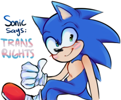 Size: 2540x2090 | Tagged: safe, artist:klllerqueen, sonic the hedgehog, 2019, base used, english text, eyelashes, face paint, looking at viewer, simple background, smile, solo, thumbs up, trans pride, trans rights, white background