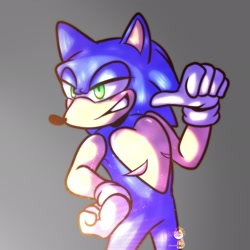 Size: 2048x2048 | Tagged: safe, artist:henrickliveson, sonic the hedgehog, 2023, clenched teeth, grey background, hand on hip, heart chest, lidded eyes, looking offscreen, simple background, smile, solo, standing, top surgery scars, trans male, transgender