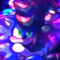 Size: 2048x2048 | Tagged: safe, artist:henrickliveson, shadow the hedgehog, sonic the hedgehog, 2023, abstract background, blushing, duo, gay, holding them, motorcycle, shadow x sonic, shipping, signature, top surgery scars, trans male, transgender
