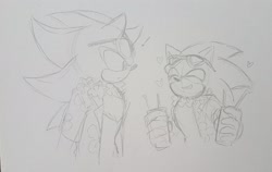 Size: 2181x1380 | Tagged: safe, artist:shu_0696, shadow the hedgehog, sonic the hedgehog, 2024, drink, duo, gay, grey background, greyscale, hawaiian shirt, heart, monochrome, pencilwork, shadow x sonic, shipping, smile, sunglasses, traditional media