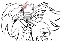 Size: 2048x1415 | Tagged: safe, artist:scoutkiin, shadow the hedgehog, sonic the hedgehog, 2024, blood, duo, duo male, frown, monochrome, punching, shipping denied, simple background, white background