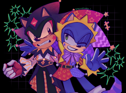 Size: 2048x1514 | Tagged: safe, artist:smilenetwork, shadow the hedgehog, sonic the hedgehog, duo, jester outfit, jester sonic, looking at each other, smile, wink