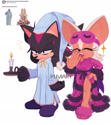 Size: 1823x2048 | Tagged: safe, artist:ruviart, rouge the bat, shadow the hedgehog, 2024, alternate outfit, candle, duo, eyes closed, hat, pajamas, reference inset, simple background, sleep mask, white background