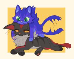 Size: 770x617 | Tagged: safe, artist:cawffeejelly, shadow the hedgehog, sonic the hedgehog, cat, 2024, animalified, duo, gay, literal animal, shadow x sonic, shipping, species swap, wagging tail, yellow background