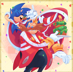 Size: 1280x1270 | Tagged: safe, artist:foxieskullzartz, robotnik, sonic the hedgehog, 2024, birthday, cake, cape, crown, duo, eating, eyes closed, food, king sonic