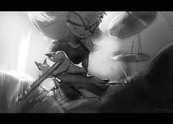 Size: 1750x1250 | Tagged: safe, artist:moonrin__, shadow the hedgehog, 2024, drums, drumsticks, eyes closed, greyscale, holding something, monochrome, playing music, solo
