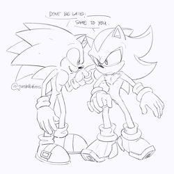 Size: 2047x2048 | Tagged: safe, artist:gunstellations, shadow the hedgehog, sonic the hedgehog, sonic the hedgehog (2006), 2024, dialogue, english text, gay, greyscale, monochrome, shadow x sonic, shipping, simple background, speech bubble, white background