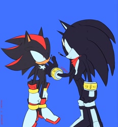 Size: 1902x2048 | Tagged: safe, artist:lhis_lucas, shadow the hedgehog, 2024, blue background, duo, looking at each other, simple background, standing, terios the hedgehog