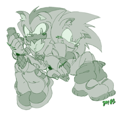 Size: 1111x1018 | Tagged: dead source, safe, artist:sonadowdaily, shadow the hedgehog, sonic the hedgehog, alternate outfit, blushing, duo, gay, holding hands, monochrome, shadow x sonic, shipping, simple background, white background