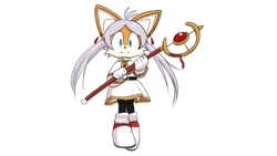Size: 1248x702 | Tagged: safe, artist:seen023hey, miles "tails" prower, 2024, cosplay, frieren, holding something, simple background, solo, staff, white background