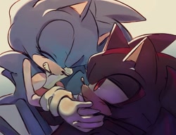 Size: 1301x1000 | Tagged: safe, artist:hanzcaty, shadow the hedgehog, sonic the hedgehog, 2024, blushing, cute, duo, eyes closed, frown, gay, gradient background, hand on another's face, lidded eyes, looking at them, shadow x sonic, shadowbetes, shipping, smile, sonabetes