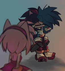 Size: 1008x1104 | Tagged: safe, artist:hanzcaty, amy rose, shadow the hedgehog, sonic the hedgehog, 2024, blushing, carrying them, eyes closed, gay, gradient background, holding each other, kiss, kissing in front of crush, looking at them, shadow x sonic, shipping, standing, trio