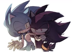 Size: 1030x748 | Tagged: safe, artist:hanzcaty, shadow the hedgehog, sonic the hedgehog, 2024, arm around shoulders, duo, frown, gay, hand on hip, lidded eyes, looking at viewer, shadow x sonic, shipping, simple background, sketch, smile, standing, white background, wink