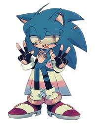 Size: 914x1173 | Tagged: safe, artist:hanzcaty, sonic the hedgehog, 2024, alternate outfit, bandaid, cape, cute, double v sign, ear piercing, earring, fingerless gloves, lidded eyes, mouth open, simple background, smile, solo, sonabetes, standing, stockings, top surgery scars, trans male, trans pride, transgender, v sign, white background