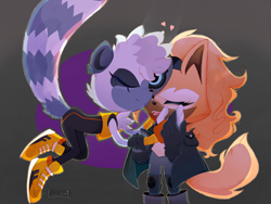 Size: 2048x1536 | Tagged: safe, artist:sheilapataz, tangle the lemur, whisper the wolf, 2020, cute, duo, gradient background, heart, hugging, lesbian, shipping, signature, smile, standing, tangabetes, tangle x whisper, whispabetes