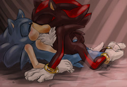 Size: 1288x881 | Tagged: safe, artist:krazyelf, shadow the hedgehog, sonic the hedgehog, 2014, all fours, blushing, eyes closed, gay, kiss, lying down, shadow x sonic, shipping, shoes off