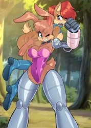 Size: 2476x3472 | Tagged: suggestive, artist:jamoart, bunnie rabbot, sally acorn, blushing, breasts, butt, carrying them, cleavage