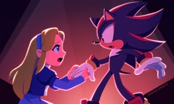 Size: 2048x1232 | Tagged: safe, artist:siggiedraws, maria robotnik, shadow the hedgehog, human, 2024, abstract background, duo, holding another's hand, looking at each other, mouth open