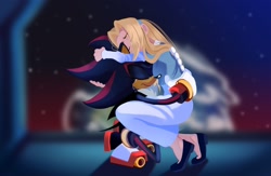 Size: 2048x1338 | Tagged: safe, artist:bolipancito, maria robotnik, shadow the hedgehog, human, sonic x shadow generations, 2024, abstract background, crying, cute, duo, earth, eye clipping through hair, eyebrow clipping through hair, frown, hugging, smile, space, space colony ark, tears