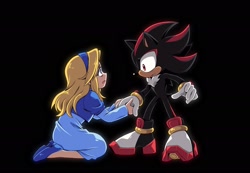 Size: 2048x1415 | Tagged: safe, artist:wiggle_rain, maria robotnik, shadow the hedgehog, human, 2024, black background, duo, frown, holding another's hand, kneeling, looking at each other, simple background, standing, wide eyes