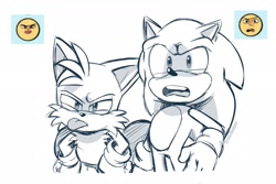 Size: 2048x1365 | Tagged: safe, artist:thatbirdguy_, miles "tails" prower, sonic the hedgehog, 2024, duo, emoji, hands on hips, looking offscreen, monochrome, mouth open, reference inset, simple background, tongue out, white background