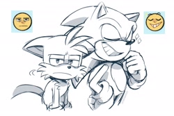 Size: 2048x1365 | Tagged: safe, artist:thatbirdguy_, miles "tails" prower, sonic the hedgehog, 2024, duo, emoji, eyes closed, floppy ears, frown, grin, hand on hip, lidded eyes, looking at viewer, monochrome, reference inset, simple background, smile, sparkles, standing, white background