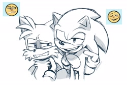 Size: 2048x1365 | Tagged: safe, artist:thatbirdguy_, miles "tails" prower, sonic the hedgehog, 2024, blushing, clenched teeth, cringing, duo, emoji, eye twitch, hands on hips, lidded eyes, looking ahead, looking at them, monochrome, mouth open, reference inset, simple background, smile, smug, standing, white background, wink