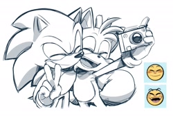 Size: 2048x1365 | Tagged: safe, artist:thatbirdguy_, miles "tails" prower, sonic the hedgehog, 2024, blushing, camera, cute, duo, emoji, eyes closed, holding something, monochrome, mouth open, reference inset, selfie, simple background, smile, v sign, white background
