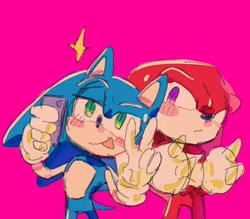 Size: 1046x917 | Tagged: safe, artist:sen83490, knuckles the echidna, sonic the hedgehog, 2024, arms folded, blushing, cute, duo, frown, gay, holding something, knuxonic, lidded eyes, looking at camera, phone, pink background, selfie, shipping, simple background, sketch, smile, sparkle, standing