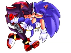 Size: 1024x768 | Tagged: safe, artist:angellobo534, shadow the hedgehog, sonic the hedgehog, 2024, blushing, carrying them, duo, ear piercing, earring, eyes closed, gay, lidded eyes, looking away, shadow x sonic, shipping, signature, simple background, smile, walking, white background