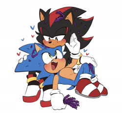 Size: 2048x1895 | Tagged: safe, artist:qtcakesentry, shadow the hedgehog, sonic the hedgehog, 2024, blushing, cute, duo, gay, heart, holding something, lavender, lidded eyes, looking at each other, lying down, mouth open, shadow x sonic, shadowbetes, shipping, simple background, sitting, smile, sonabetes, white background