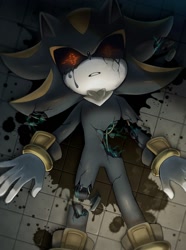Size: 1113x1492 | Tagged: safe, artist:muto_uwu, 2024, black sclera, oil, robot, shadow android, shadow the hedgehog (video game), solo, stain, tears, wire, wires