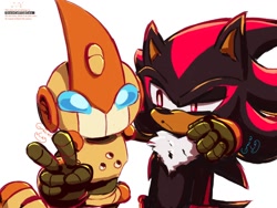 Size: 1200x900 | Tagged: safe, artist:graciecat812, emerl, shadow the hedgehog, arm around shoulders, duo, frown, looking at them, looking at viewer, robot, signature, simple background, squinting, v sign, white background
