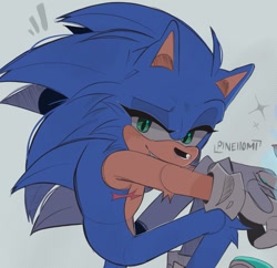 Size: 1387x1344 | Tagged: safe, artist:pineiiomi, sonic the hedgehog, 2024, arm fluff, grey background, lidded eyes, signature, simple background, sitting, smile, solo, sparkles, top surgery scars, trans male, transgender