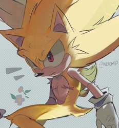 Size: 1146x1234 | Tagged: safe, artist:pineiiomi, sonic the hedgehog, super sonic, 2024, blushing, frown, grey background, heart chest, looking ahead, looking offscreen, signature, simple background, solo, super form, top surgery scars, trans male, transgender