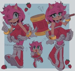 Size: 2048x1953 | Tagged: safe, artist:pineiiomi, amy rose, border, cute, holding something, piko piko hammer, signature, smile, solo, sparkles, strawberry, wink