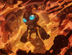 Size: 1500x1163 | Tagged: safe, artist:rayactivefactory, emerl, 2024, abstract background, glowing eyes, robot, solo, walking