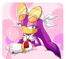 Size: 785x709 | Tagged: safe, artist:domestic maid, wave the swallow, bird, swallow, blushing, bubble, bubblegum, chewing gum, clothes, female, food, glasses, gloves, gum, lidded eyes, looking at viewer, pink background, solo, solo female, sonic riders, wave's gum