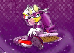 Size: 827x586 | Tagged: safe, artist:nonicpower, wave the swallow, bird, swallow, blushing, bubble, bubblegum, chewing gum, clothes, extreme gear, female, food, glasses, gloves, gum, lidded eyes, looking at viewer, pants, purple background, shoes, sneakers, solo, solo female, sonic riders, wave's gum