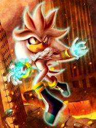 Size: 2048x2731 | Tagged: safe, artist:kjdragon70, silver the hedgehog, sonic the hedgehog (2006), abstract background, crisis city, flying, lava, lineless, outdoors, psychokinesis, solo, speedpaint available, speedpaint in description