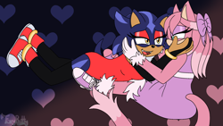 Size: 1920x1080 | Tagged: safe, artist:foxybatty, oc, oc:camellia the cat, oc:stellar the hedgehog, cat, hedgehog, 2024, duo, fankid, gradient background, hand on another's face, heart, lesbian, lidded eyes, looking at each other, magical lesbian spawn, oc x oc, parent:amy, parent:blaze, parent:shadow, parent:sonic, parents:blazamy, parents:sonadow, shipping