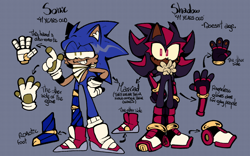 Size: 1928x1200 | Tagged: safe, artist:head---ache, shadow the hedgehog, sonic the hedgehog, 2024, alternate outfit, alternate universe, au:live and learn (head---ache), bandana, boots, character name, duo, english text, fingerless gloves, gay, grey background, reference sheet, shadow x sonic, shipping, simple background, standing