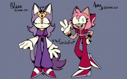 Size: 1928x1200 | Tagged: safe, artist:head---ache, amy rose, blaze the cat, 2024, alternate outfit, alternate universe, amy x blaze, amybetes, au:live and learn (head---ache), blazebetes, character name, cute, duo, english text, grey background, lesbian, shipping, simple background, smile, standing, v sign