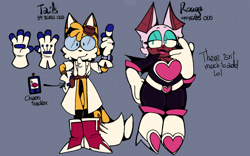Size: 1928x1200 | Tagged: safe, artist:head---ache, miles "tails" prower, rouge the bat, 2024, alternate outfit, alternate universe, au:live and learn (head---ache), boots, character name, duo, english text, glasses, grey background, lab coat, simple background, smile, standing