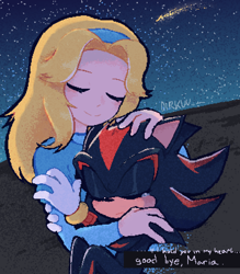 Size: 2048x2340 | Tagged: safe, artist:clydestrophy, maria robotnik, shadow the hedgehog, human, abstract background, crying, dialogue, duo, english text, eyes closed, frown, grass, hugging, nighttime, outdoors, shooting star, signature, smile, star (sky), tears