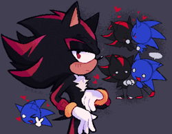 Size: 2048x1598 | Tagged: safe, artist:clydestrophy, shadow the hedgehog, sonic the hedgehog, cute, duo, frown, gay, grey background, heart, holding hands, kiss, lidded eyes, looking at viewer, shadow x sonic, shadowbetes, shipping, simple background, sonabetes, speech bubble, standing, stick arms, stick legs, v sign, wink