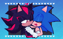 Size: 2048x1270 | Tagged: safe, artist:clydestrophy, shadow the hedgehog, sonic the hedgehog, blushing, cute, duo, eyes closed, frown, gay, heart, holding each other, lidded eyes, looking at them, mouth open, one eye closed, shadow x sonic, shadowbetes, shipping, smile, sonabetes