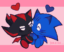 Size: 1500x1211 | Tagged: safe, artist:clydestrophy, shadow the hedgehog, sonic the hedgehog, chao, :<, :>, animated, chaobetes, character chao, cute, duo, eyes closed, frown, gay, heart, hugging, nuzzle, shadow chao, shadow x sonic, shipping, signature, sitting, smile, sonic chao