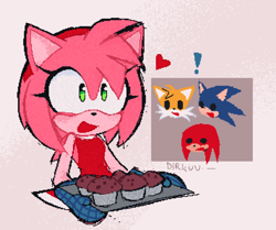 Size: 2048x1714 | Tagged: safe, artist:clydestrophy, amy rose, knuckles the echidna, miles "tails" prower, sonic the hedgehog, baking tray, blushing, exclamation mark, food, group, holding something, looking offscreen, mouth open, muffin, signature, simple background, smile, solo focus